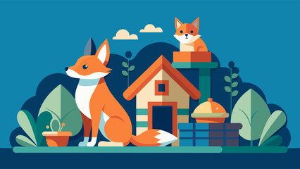 Sticker - Charming foxes with cozy house vector illustration in nature