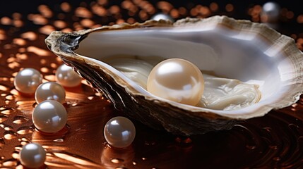 Sticker -  a close up of a shell with pearls on a table with other pearls on a table with a black background.