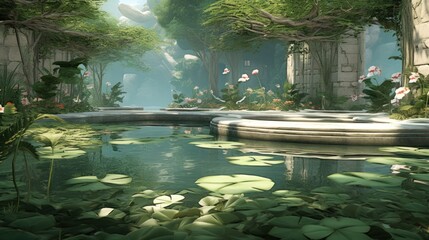 Poster -  a pond filled with lots of water surrounded by lots of plants and flowers on top of a lush green forest.