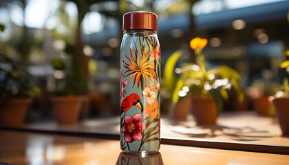 Sticker - Fresh drink on table, nature summer refreshment in glass bottle generated by AI