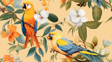 Wall Mural -  a painting of two parrots sitting on a branch of a tree with white flowers and orange and yellow flowers.