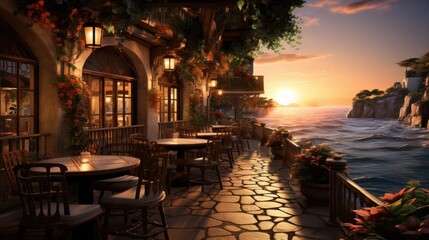 Poster -  a patio with tables and chairs next to a body of water with a cliff in the background and a sunset in the distance.