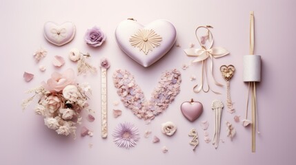 Wall Mural -  a variety of decorative items arranged in the shape of a heart and the word love on a light pink background.