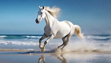 Naklejka na meble Majestic White Horse Galloping by the Sea. A powerful white horse gallops along the shoreline with splashing waves, embodying freedom and strength