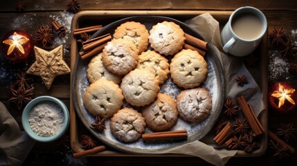 Wall Mural -  a plate full of cookies and cinnamon sticks next to a cup of coffee and star anise on a table.