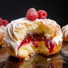 A Round Donut Filled With Coconut Cream And Coated With Raspberry Jam And Pieces Of Raspberries And Whipped Cream