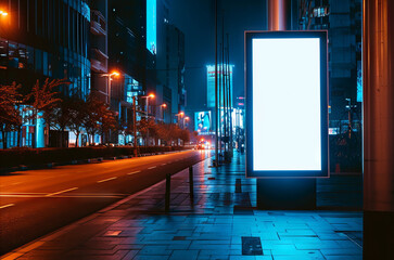 Wall Mural - Mock up. Blank vertical billboard outdoors, outdoor advertising lightbox, public information board, digital screen stand in city at night, on lighted street