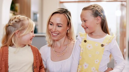 Poster - Happy family, talking and love in living room, bonding together and chat on weekend break in house. Young girls, mother and smile in discussion with care, positive and sweet in embrace in modern home