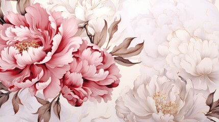   a close up of a bunch of flowers on a white and pink wallpaper with leaves and flowers on it.