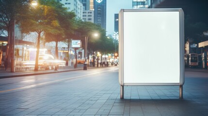 Canvas Print -  a large white billboard sitting on the side of a road next to a street with tall buildings in the background.