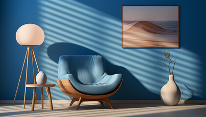 Wall Mural - Modern blue chair and table in a bright, elegant room generated by AI