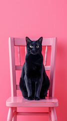 Black cat sitting on a pink chair.