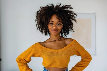 Wall Mural - Positive black woman in casual outfit on white background