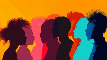 Wall Mural - Silhouette of diversity people profile view . multi-ethnic business co-workers and colleagues. Community of friends. Cooperation and collaboration. Teamwork partnership organization. vector background