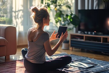 Wall Mural - Engaged woman communicating through a video call in a sunlit room