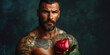 A tattooed muscular bearded man, romantic emotivity, is holding a rose in his hand