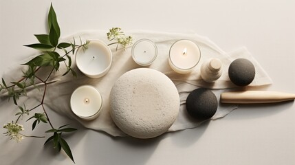 Poster -  a table topped with candles and rocks on top of a piece of paper next to a green leafy plant.