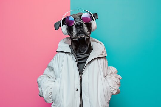 A Dog headed figure in shades and headphones rockin generative ai