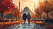 Elderly Couple Walking To Mosque In Autumn Park At Sunset