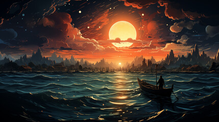 Canvas Print - boat on lake on the sunset background