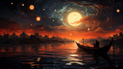 Canvas Print - boat on lake on the sunset background