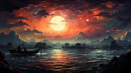 Canvas Print - boat on lake on the sunset background