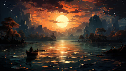 Canvas Print - boat on lake on the sunset background