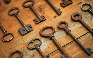 Wall Mural - Assortment of Antique Keys on Rustic Wood