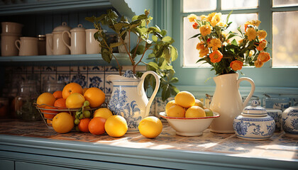 Wall Mural - Fresh fruit on wooden table brings nature into domestic kitchen generated by AI