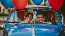 Bride And Groom In Old Vintage Car On Their Wedding Day, Wedding, Celebration, Marriage 