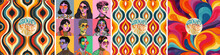 Groovy And The 70s. Vector Trendy Seamless Pattern Or Abstract Ornament For Fabric, Background Or Paper In Retro Style And Illustration Of People In Pop Art Style,