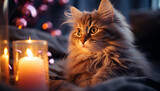 Fototapeta Most - Fluffy kitten sitting by candle, cozy and playful indoors generated by AI