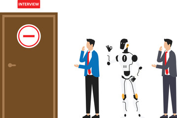 Wall Mural - People and robot standing in line waiting to be interviewed before being hired. Candidate competition for vacancy concept
