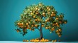  a tree filled with lots of oranges sitting on top of a blue floor next to a pile of oranges.