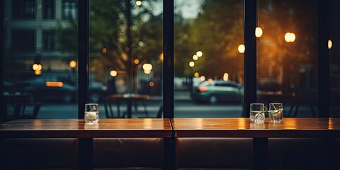 Poster - Cafe restaurant windows against a dark, blurry backdrop and an empty tabletop.