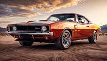 An Old Red And Orange Muscle Car Sits In A Desert Landscape The Sky Is Cloudy And The Sun Is Setting