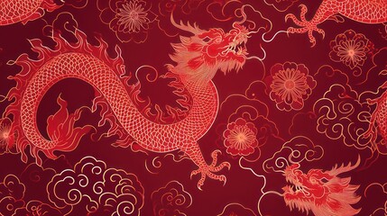 Wall Mural - Traditional chinese Dragon gold zodiac sign isolated on red background for card design print media or festival. China lunar calendar animal happy new year.  Illustration.