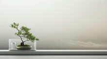  A Bonsai Tree In A Clear Glass Vase On A Ledge In Front Of A Foggy, Foggy Background.