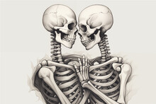 Two Skeletons In Love Hugging Each Other On The Background Of A Pink Heart With Red Roses, Valentine's Day Postcard, Valentine's Day Card, Generative AI