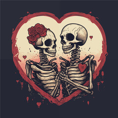 two skeletons in love hugging each other on the background of a red heart with red roses, Valentine's Day postcard, Valentine's Day card, generative AI