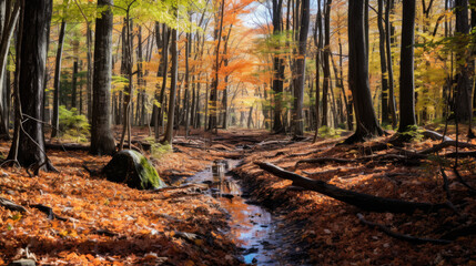 Wall Mural - A vibrant autumn forest photo contrasts lush greenery with falling colorful leaves, capturing nature's seasonal transformation.