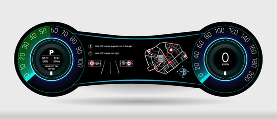 Poster - futuristic digital dashboard display with vibrant colors, speedometer, and innovative features - hig