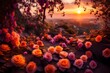 Sunset Reverie: Picture mystical abandon with roses in warm sunset hues sprawling in solitude, capturing the essence of a tranquil evening. 