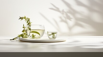 Wall Mural -  a white plate topped with a glass of white wine next to a cup filled with water and a leafy branch.