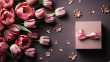  A Pink Gift Box With A Pink Bow Next To A Bouquet Of Pink Tulips On A Black Background.