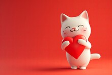 A Cute White Cat Holding Big Red Valentine's Heart, Congratulation Gesture, 3d Cartoon Cute Smiling Cat. Isolated On Red Background.