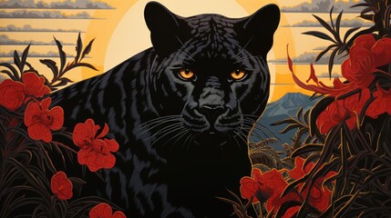 Sticker -  a painting of a black panther in a field of red flowers with the sun setting in the distance behind it.