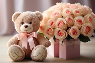 Wall Mural - adorable toy teddy bear and bouquet of roses in box on blurred background