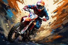 Abstract Bright Multicolored Illustration Of A Motocross Racer On A Motorcycle