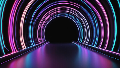 Wall Mural - abstract 3d render with neon lines and round arch on black background